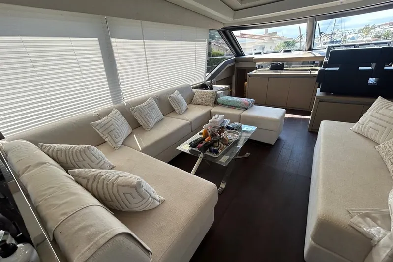  Yacht Photos Pics Luxurious interior of 2018 Prestige 680S yacht with elegant seating and modern decor.