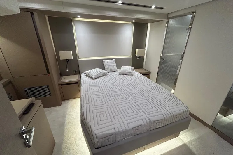  Yacht Photos Pics Luxurious bedroom interior of 2018 Prestige 680S yacht with modern design and elegant decor.