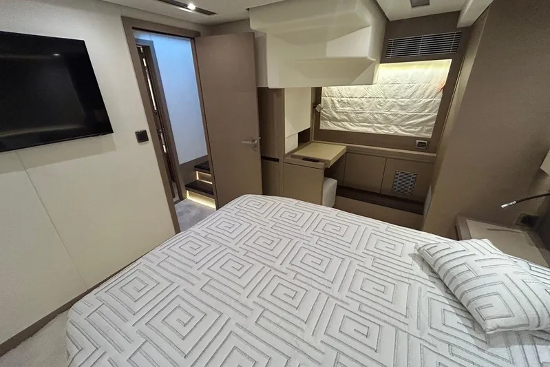  Yacht Photos Pics Luxurious bedroom interior of 2018 Prestige 680S yacht with modern decor and amenities.