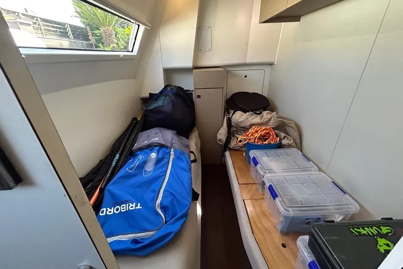  Yacht Photos Pics Interior of 2018 Prestige 680S yacht with storage and gear bags.