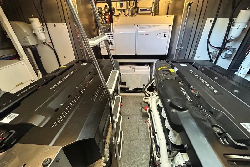  Yacht Photos Pics Engine room of 2018 Prestige 680S yacht with Volvo Penta engines and Cummins Onan generator.