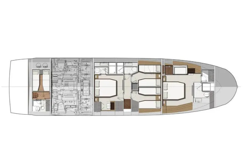  Yacht Photos Pics Floor plan of a 2018 Prestige 680S yacht, showcasing cabin and engine room layout.