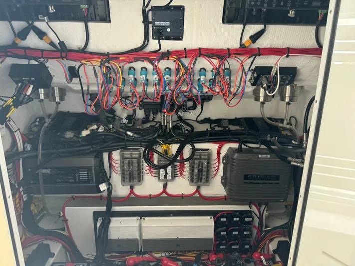  Yacht Photos Pics Electrical wiring and components inside a 2023 Front Runner 36 Center Console boat.
