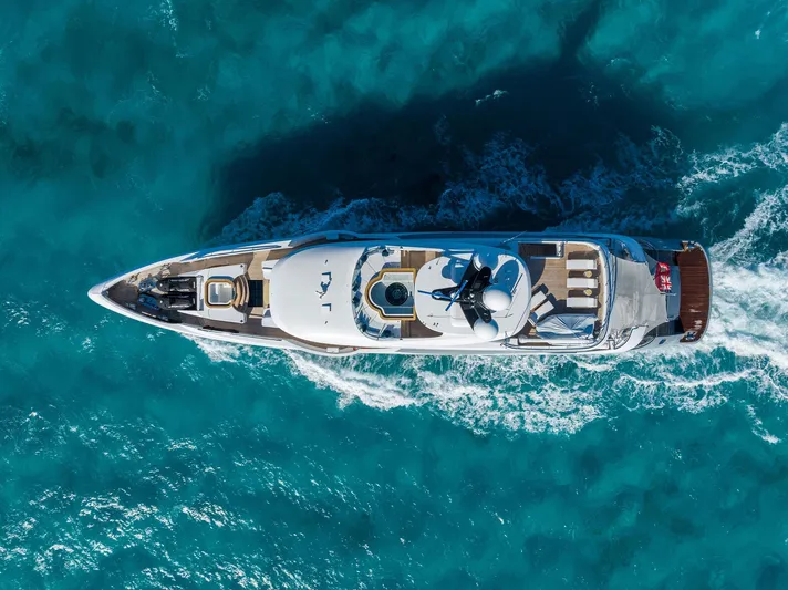 Moonraker Yacht Photos Pics Aerial view of 2019 Bilgin 156 yacht cruising in clear blue waters.