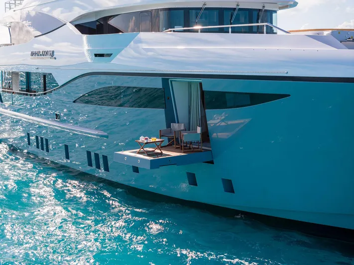 Moonraker Yacht Photos Pics Luxurious Bilgin 156 yacht, 2019 model, with elegant balcony over turquoise water.