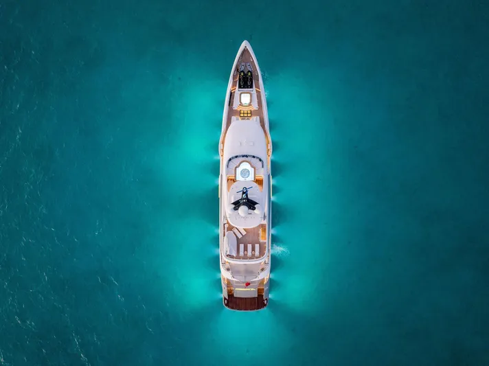 Moonraker Yacht Photos Pics Aerial view of 2019 Bilgin 156 yacht cruising in clear blue waters.