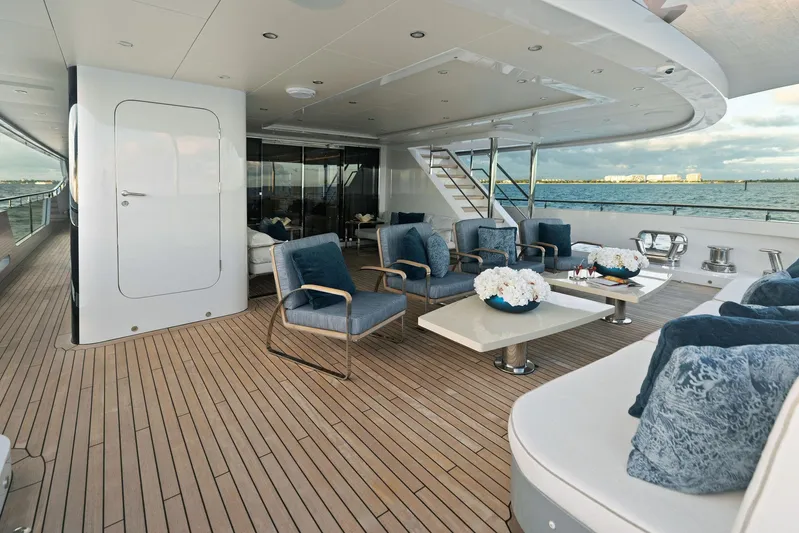 Moonraker Yacht Photos Pics Luxurious deck of 2019 Bilgin 156 yacht with elegant seating and ocean view.