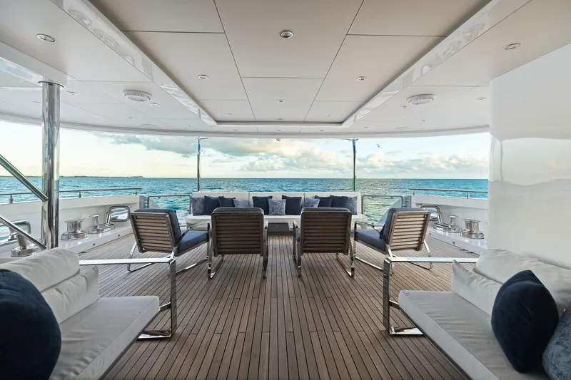 Moonraker Yacht Photos Pics Luxurious Bilgin 156 yacht deck with ocean view, featuring elegant seating, 2019 model.