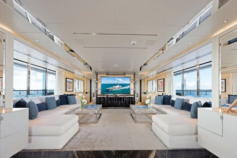 Moonraker Yacht Photos Pics Luxurious interior of 2019 Bilgin 156 yacht with elegant seating and large windows.