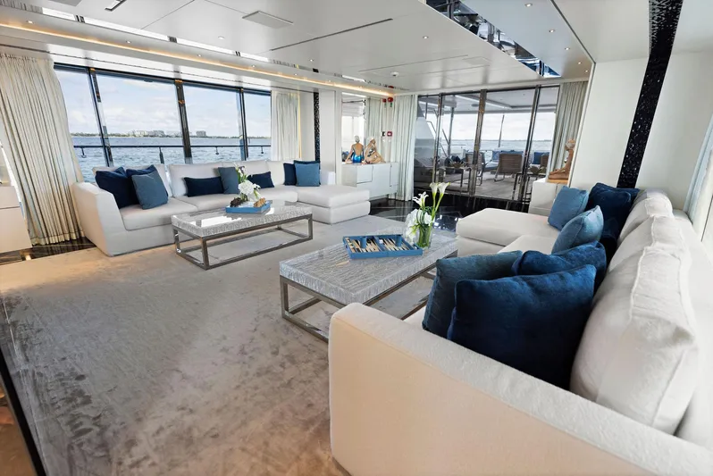 Moonraker Yacht Photos Pics Luxurious interior of 2019 Bilgin 156 yacht with elegant white and blue decor.
