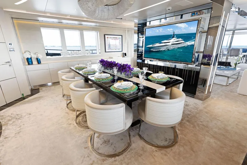 Moonraker Yacht Photos Pics Luxurious dining area on 2019 Bilgin 156 yacht with elegant decor and large screen.