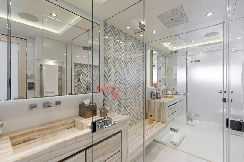 Moonraker Yacht Photos Pics Luxurious bathroom in 2019 Bilgin 156 yacht with glass shower and elegant marble finishes.