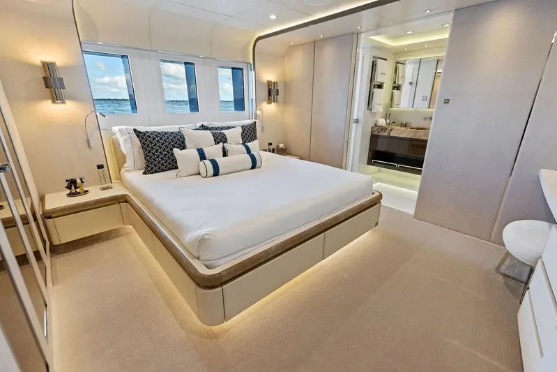 Moonraker Yacht Photos Pics Luxurious Bilgin 156 yacht bedroom interior, featuring elegant design and ocean views.