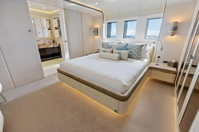 Moonraker Yacht Photos Pics Luxurious bedroom interior on 2019 Bilgin 156 yacht, featuring elegant design and modern amenities.