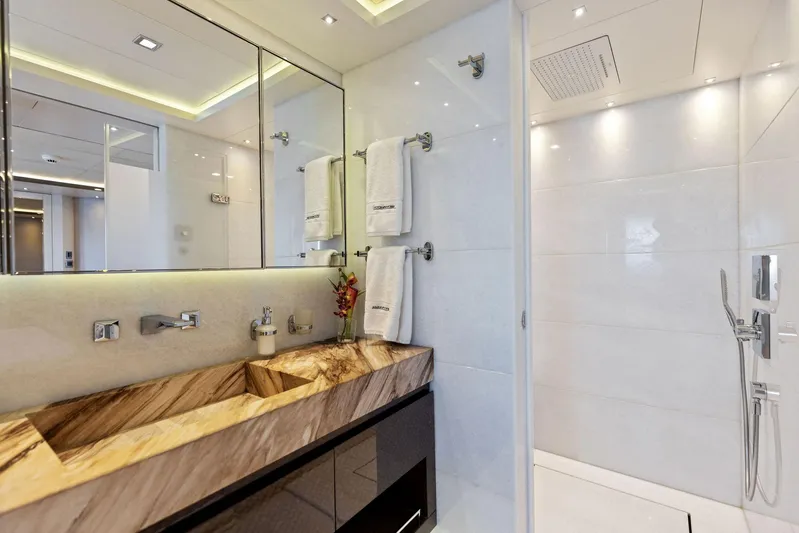Moonraker Yacht Photos Pics Luxurious bathroom in 2019 Bilgin 156 yacht with marble sink and modern fixtures.