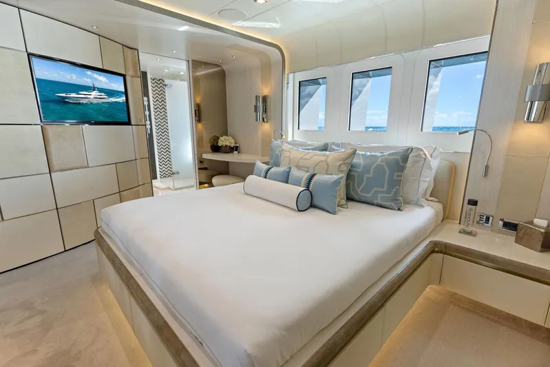 Moonraker Yacht Photos Pics Luxurious bedroom interior of 2019 Bilgin 156 yacht with ocean view windows.