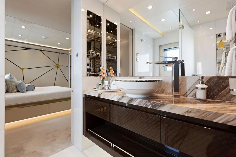 Moonraker Yacht Photos Pics Luxurious Bilgin 156 yacht interior, featuring modern bathroom and bedroom design, 2019 model.