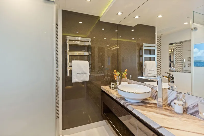 Moonraker Yacht Photos Pics Luxurious bathroom interior on Bilgin 156 yacht, featuring elegant design and modern amenities.
