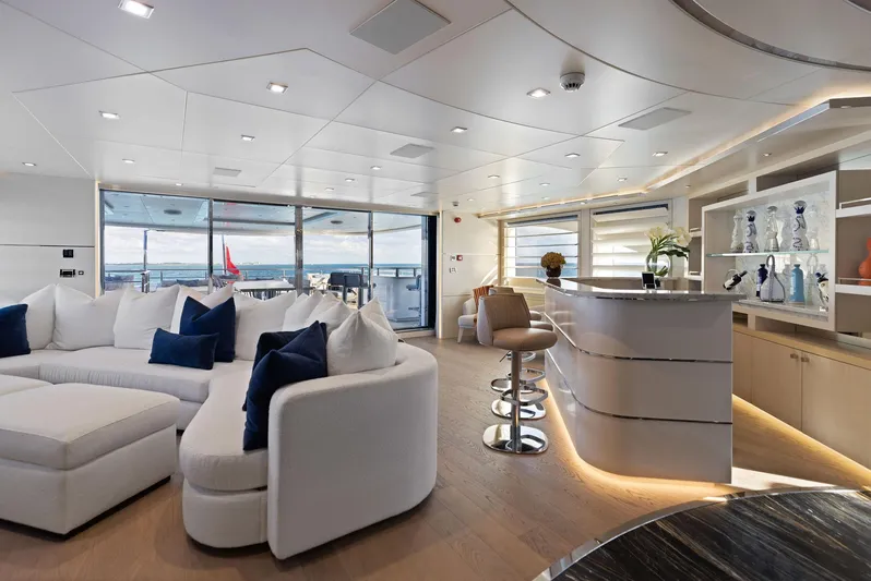 Moonraker Yacht Photos Pics Luxurious interior of 2019 Bilgin 156 yacht with modern seating and elegant bar area.