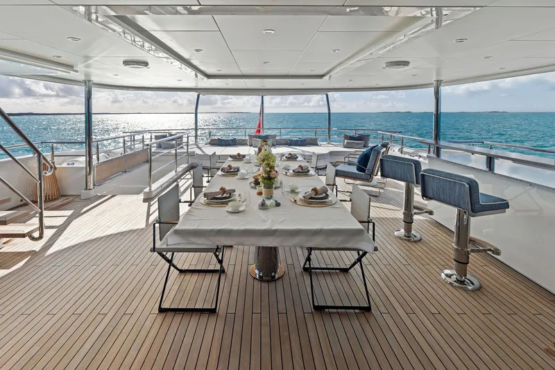 Moonraker Yacht Photos Pics Luxurious dining area on 2019 Bilgin 156 yacht with ocean view.