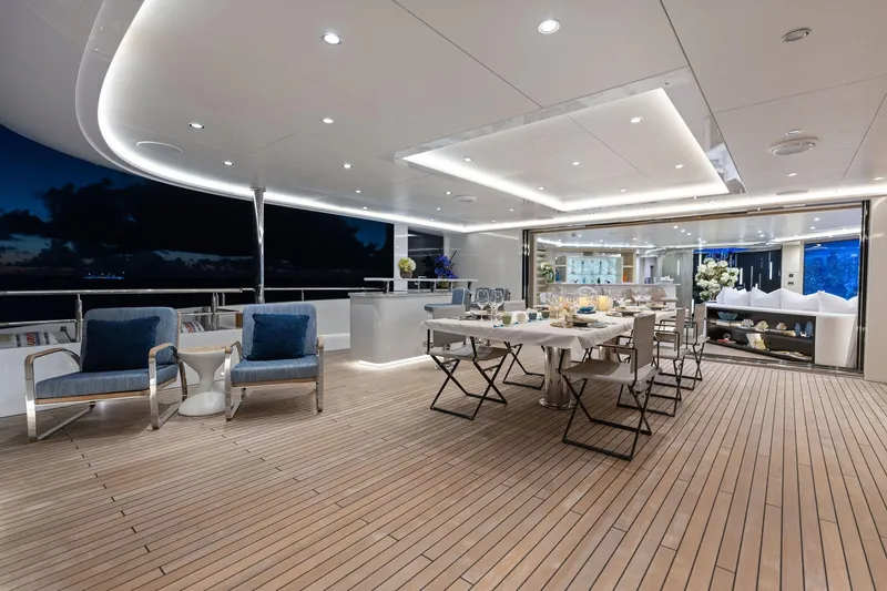 Moonraker Yacht Photos Pics Luxurious 2019 Bilgin 156 yacht deck with elegant dining area and modern seating.