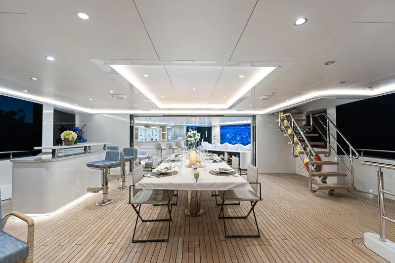 Moonraker Yacht Photos Pics Luxurious dining area on 2019 Bilgin 156 yacht, featuring elegant table settings and modern design.