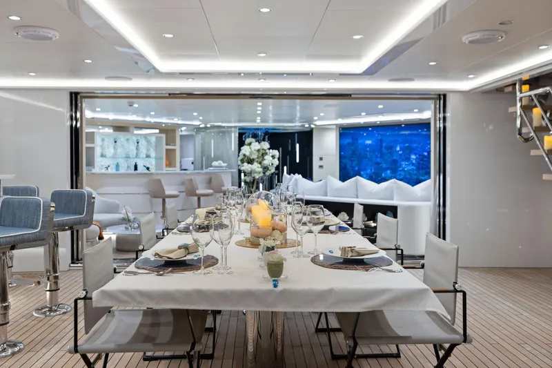 Moonraker Yacht Photos Pics Luxurious dining area on 2019 Bilgin 156 yacht, featuring elegant table settings and modern interior design.