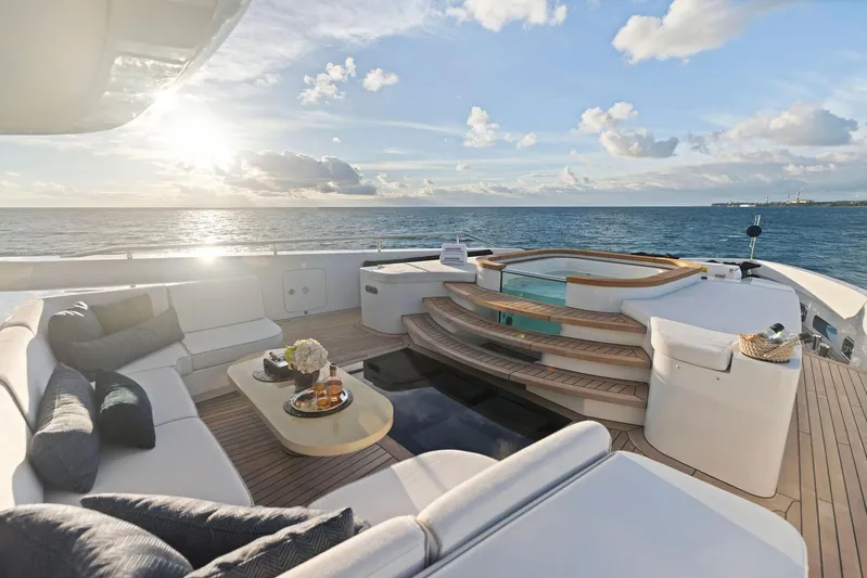 Moonraker Yacht Photos Pics Luxurious Bilgin 156 yacht deck with seating and jacuzzi, ocean view, 2019 model.