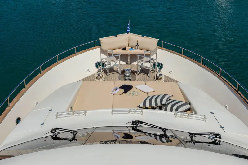  Yacht Photos Pics Luxury Canados 72s yacht deck, 2004 model, with sunbathing area and seating, on calm water.