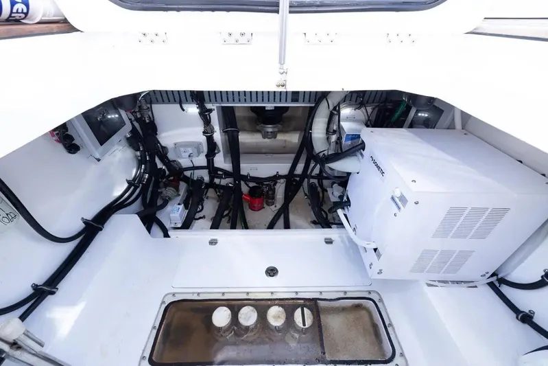 Next To Sell Yacht Photos Pics Engine compartment of a 2020 HCB Estrella boat with visible wiring and equipment.