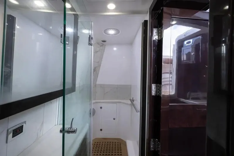 Next To Sell Yacht Photos Pics Luxurious bathroom in 2020 HCB Estrella yacht with glass shower enclosure.