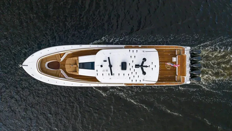 Next To Sell Yacht Photos Pics Aerial view of 2020 HCB Estrella luxury yacht cruising on water.