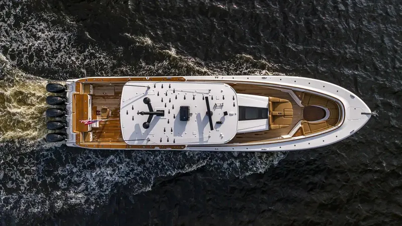 Next To Sell Yacht Photos Pics Aerial view of 2020 HCB Estrella luxury yacht cruising on water.