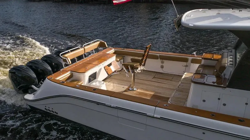 Next To Sell Yacht Photos Pics HCB Estrella 2020 luxury boat with triple outboard engines on water.