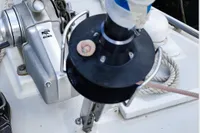 Sailboat deck equipment on a 2019 Custom Patago 40, featuring winch and rigging details.