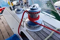 Sailboat deck with winches and ropes, Custom Patago 40, 2019 model, docked at marina.