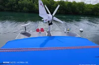 Custom Patago 40 boat with wind turbine, blue cover, and lush green background.