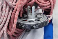 Coiled climbing rope with FX+2500 pulley on Custom Patago 40, 2019 model.