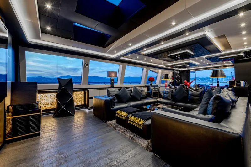 Black Legend Yacht Photos Pics Luxurious interior of 2017 Mangusta MANGUSTA 165E yacht with modern design and panoramic windows.