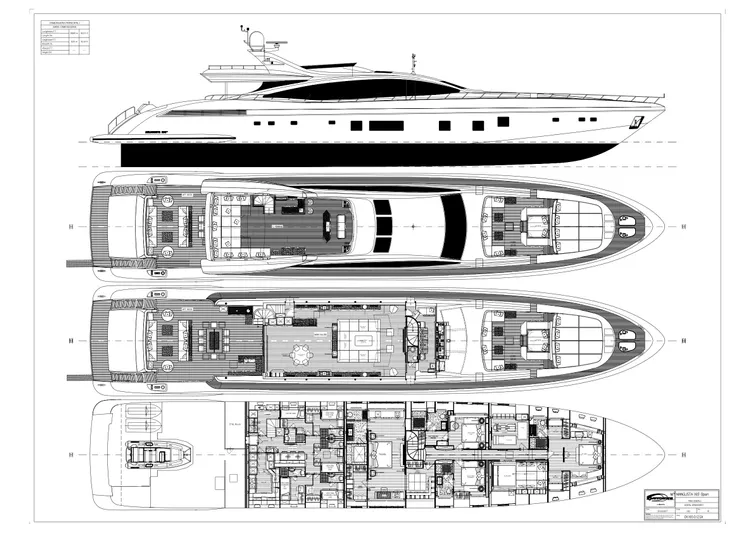 Black Legend Yacht Photos Pics Blueprint of 2017 Mangusta MANGUSTA 165E luxury yacht, showcasing detailed deck layouts.