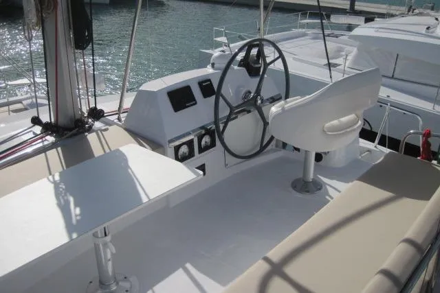  Yacht Photos Pics Cockpit of 2020 Bali 4.3 catamaran with steering wheel and seating.