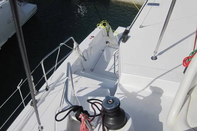  Yacht Photos Pics Deck view of a 2020 Bali 4.3 catamaran with winch and railing.