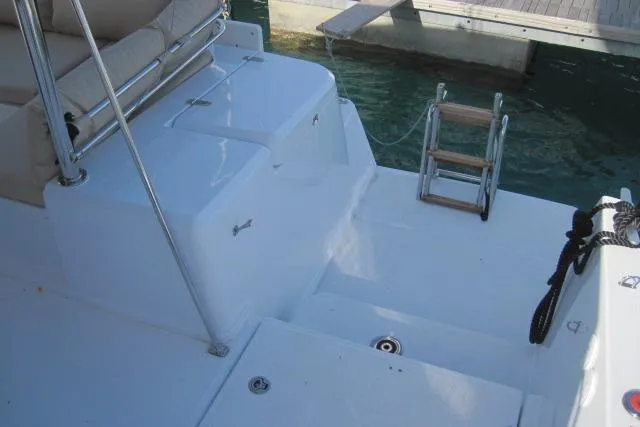  Yacht Photos Pics 2020 Bali 4.3 yacht deck with seating and ladder at marina.