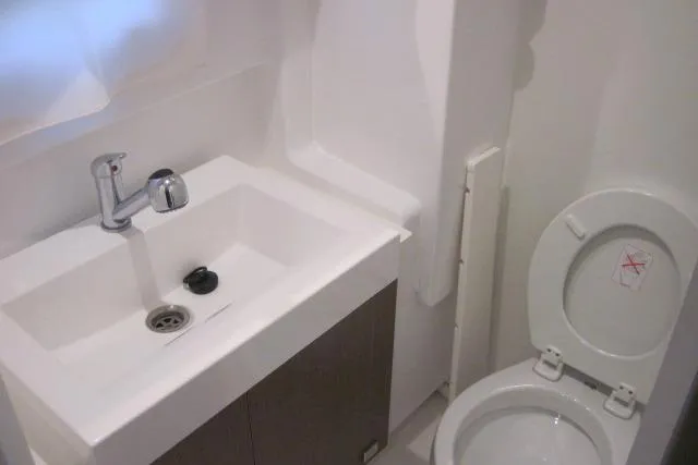  Yacht Photos Pics Compact bathroom in 2020 Bali 4.3 model, featuring a sink and toilet.