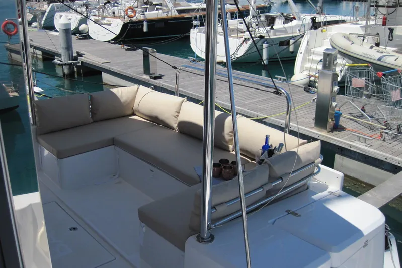  Yacht Photos Pics Luxurious Bali 4.3 catamaran with comfortable seating at a marina, 2020 model.