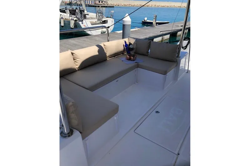  Yacht Photos Pics Luxurious seating area on a 2020 Bali 4.3 yacht at the marina.