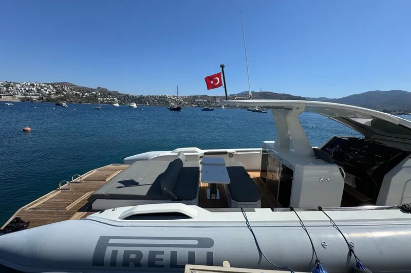 Pirelli 42 Yacht Photos Pics Luxury Pirelli P Zero 42 yacht docked, featuring sleek design and Turkish flag, 2021 model.