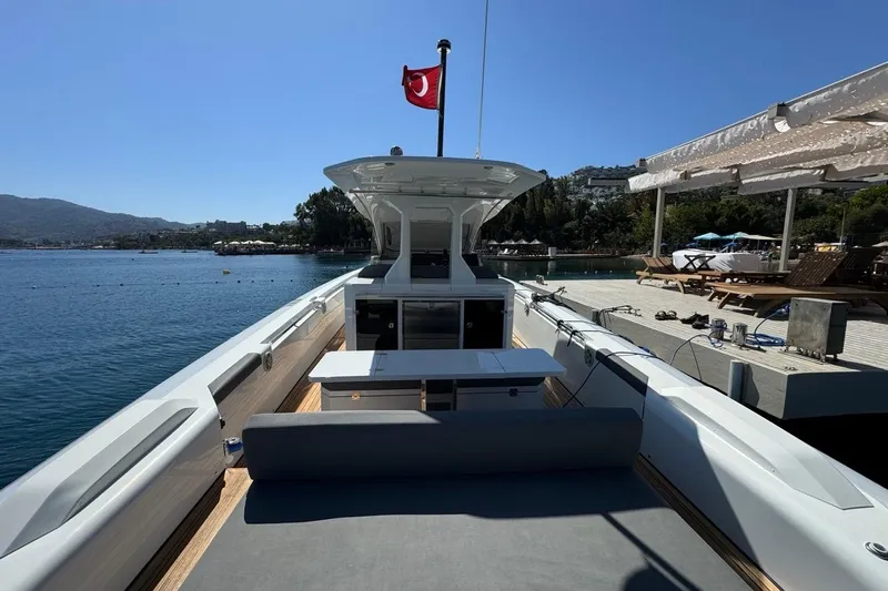 Pirelli 42 Yacht Photos Pics Luxury Pirelli P Zero 42 yacht docked by scenic waterfront, 2021 model.