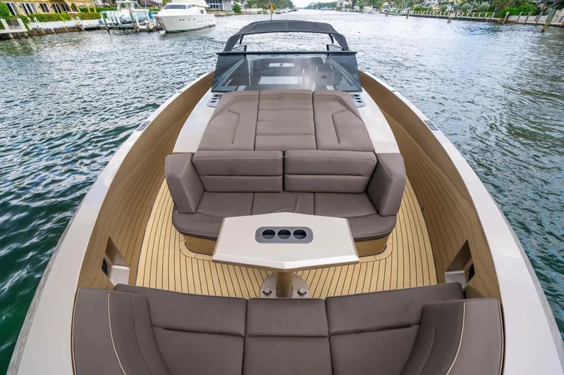 Cobra Yacht Photos Pics 2022 Vanquish Yachts VQ45 luxury yacht interior with sleek seating and modern design.