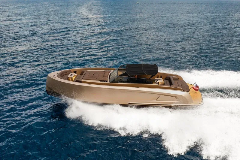 Cobra Yacht Photos Pics Vanquish Yachts VQ45 2022 cruising on open sea, luxury motor yacht.